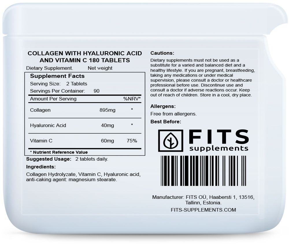 Kollagen med hyaluronsyre og vitamin C 180 tabletter