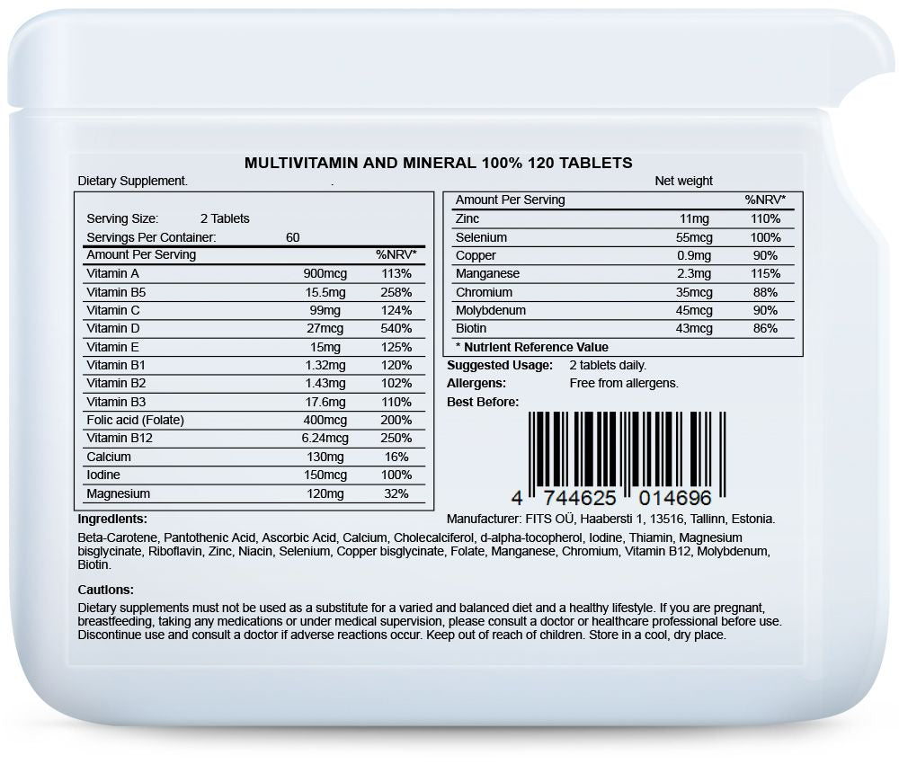 Multivitamin og mineral 100% 120 tabletter