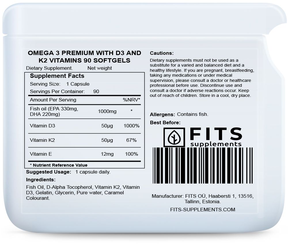 Omega 3 Premium med D3- og K2-vitaminer 90 bløde kapsler