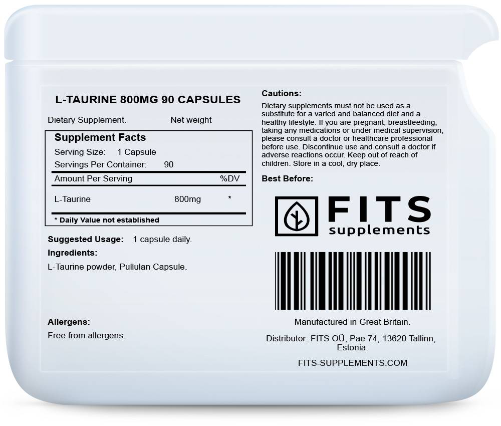 L-Taurine 800mg 90 capsules - FITS Dietary Supplements